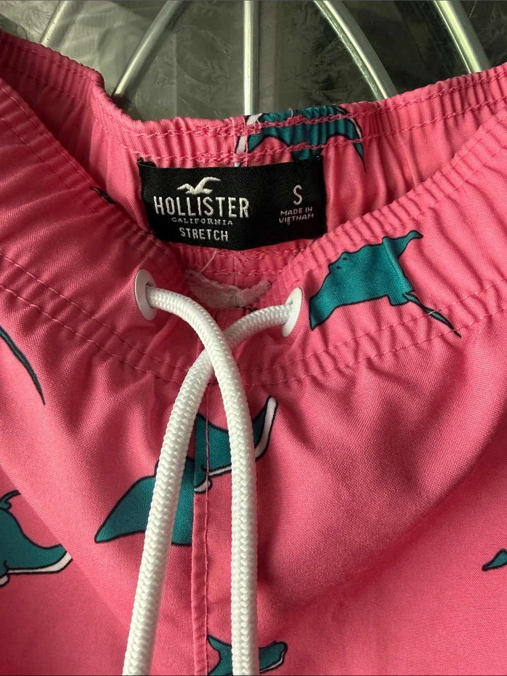 Hollister Men’s Stretch Small Pink Swim Trunks with Teal Manta Ray Print